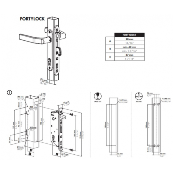 Lock set FORTYSET-40P-GP, for mortise lock FortyLock, LOCINOX