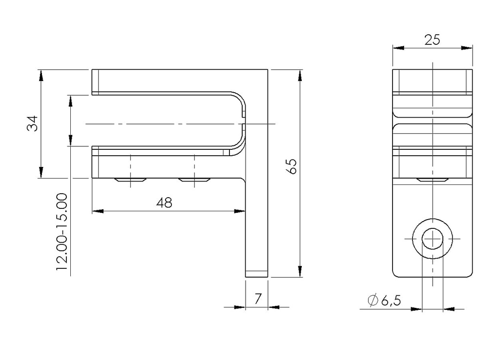 Glass clamp 48x65x34mm 12-15mm, AISI 316, SATIN