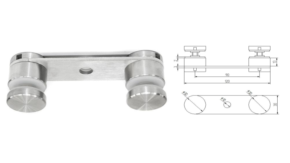 Double glass clamp L120 D30 t3mm M8, AISI 304