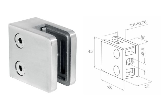Stikla turētājs 45x45x26mm AISI 316 slīpēts