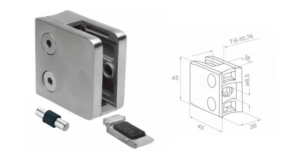 Glass clamp d42,4mm 45x45x26mm AISI 304 satin 