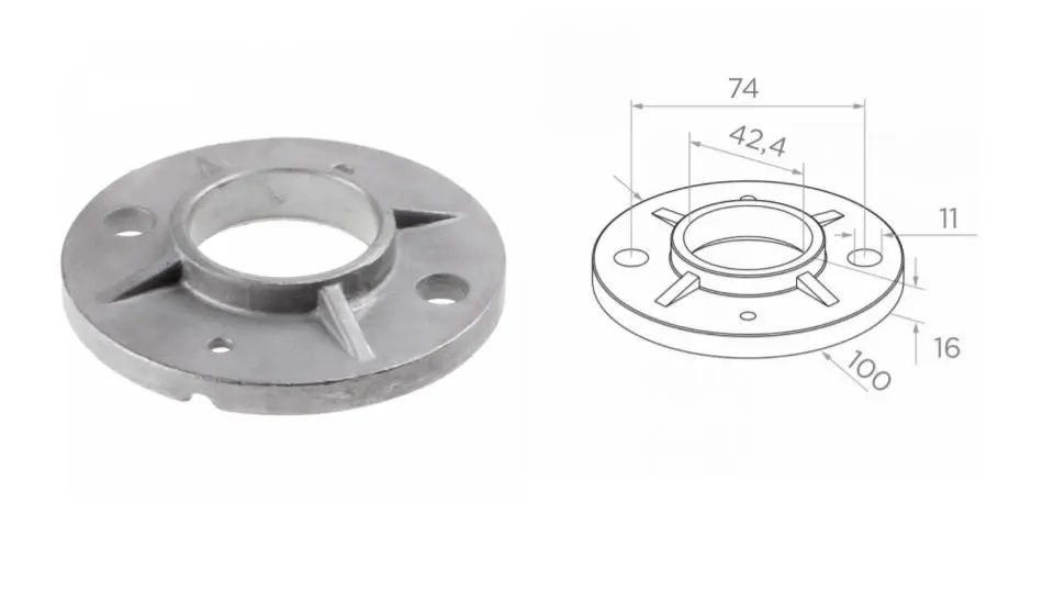 Bottom fastening 42,4, D100 d74 a2x11mm h16, AISI 316