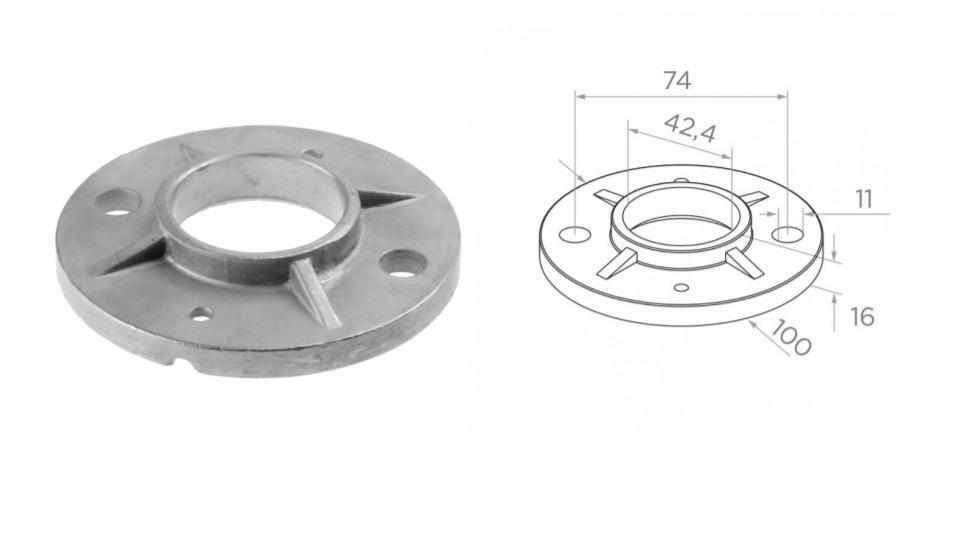 Bottom fastening 42,4, D100 d74 a2x11mm h16 AISI 304