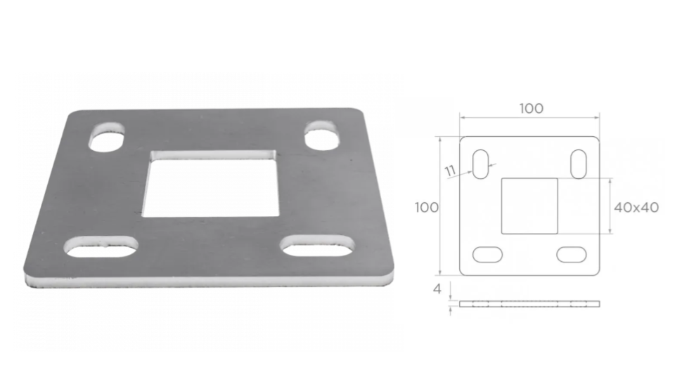 Flancis pie grīdas 100x100 a4x11mm, 40x40 h4 AISI 304