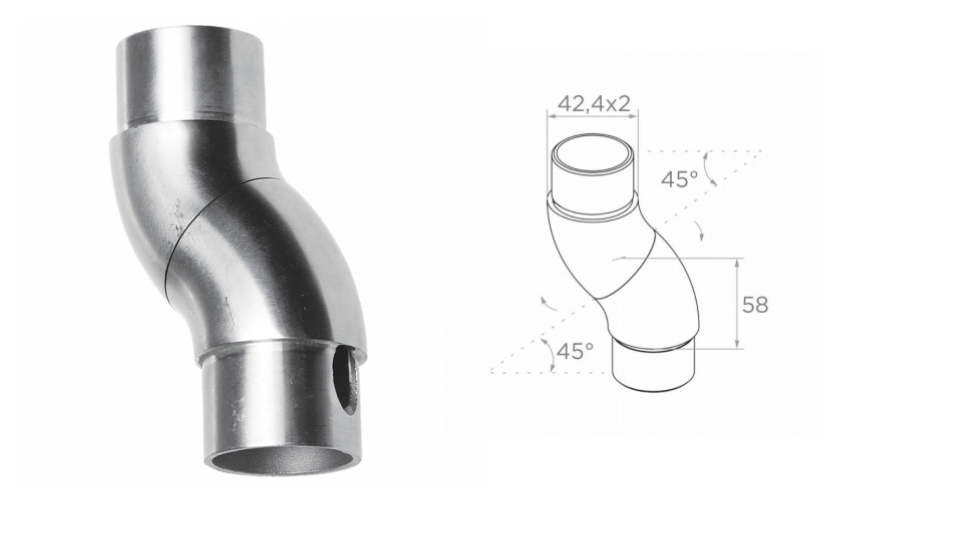 Regulējamais līkums uz šarnīra 42,4x2 h58 AISI 304