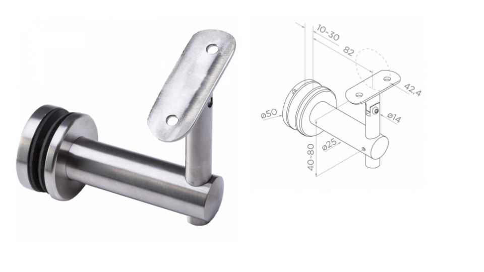 Handrail holder 42,4mm with glass mount D50mm, AISI 304 (10.76-25.52mm)