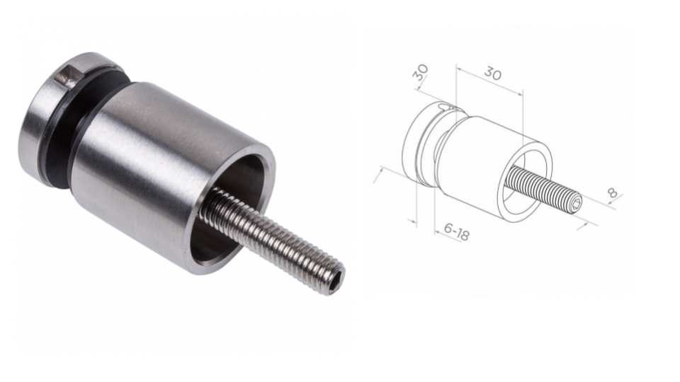 Punktveida stikla turētājs d30mm, M8, AISI304 slīpēts (6-18mm) 
