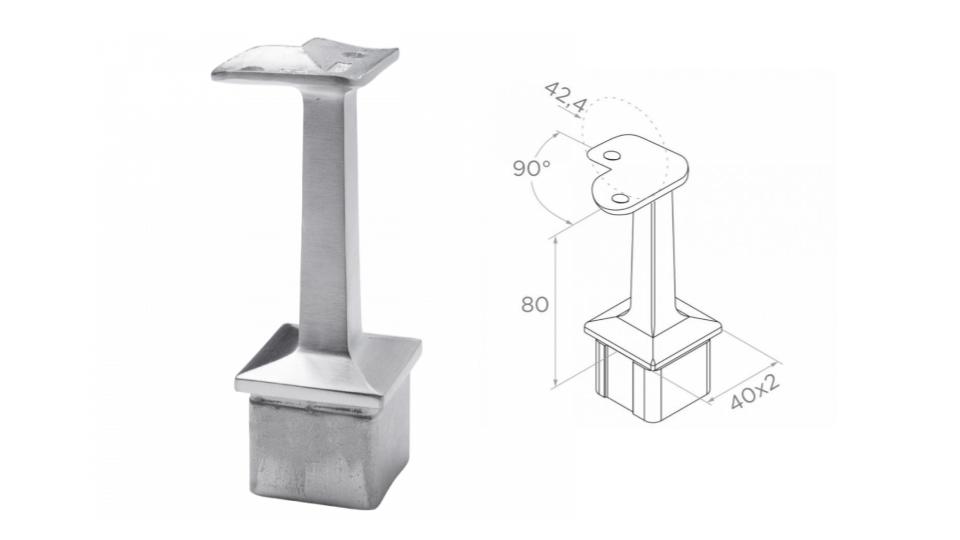 Soporte de pasamanos 90 gr. 42,2 h80 D40x40x2 AISI 304