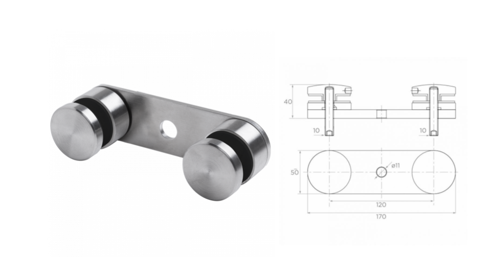 Pinza para vidrio bilateral L170 120 D50 h40 M10 AISI 304 (8-21.52mm)