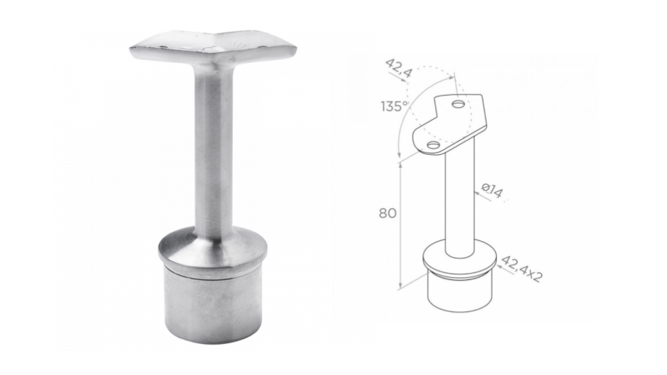 Handrail holder 135 degrees for corner 42,4 D42,4x2 h80 AISI 304