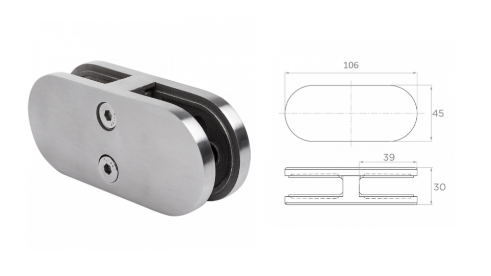 Glass clamp 180° L106 H45 W30 a39 AISI 304