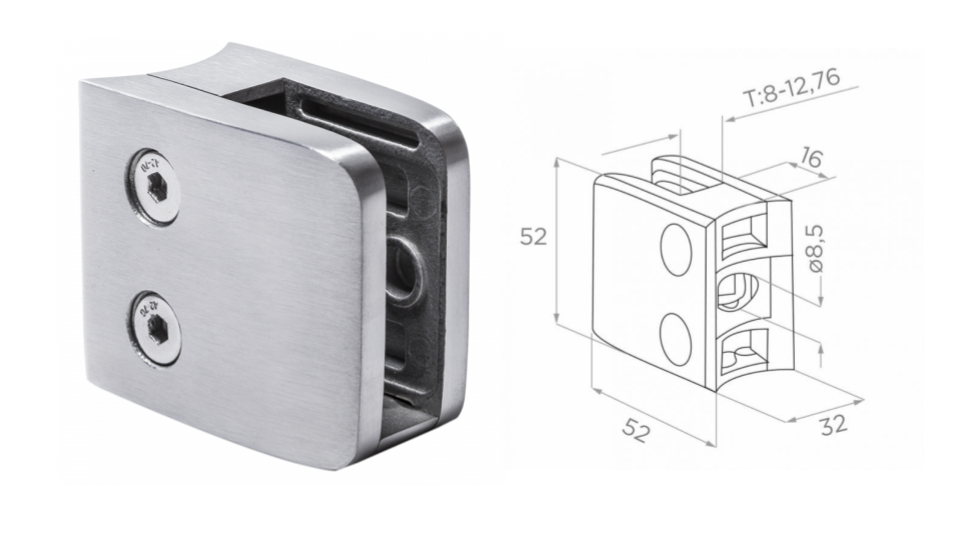 Glass clamp 42,4 L52 H52 W32 a16 AISI 304