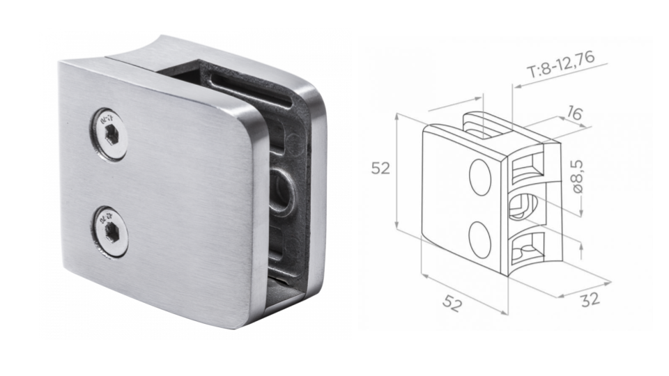 Glass clamp 48,3 L52 H52 W32 a16 AISI 304