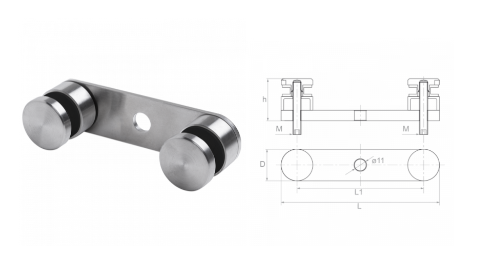 Pinza para vidrio bilateral L150 L1 120 D30 h40 M8 AISI 304 (8-21.52mm)