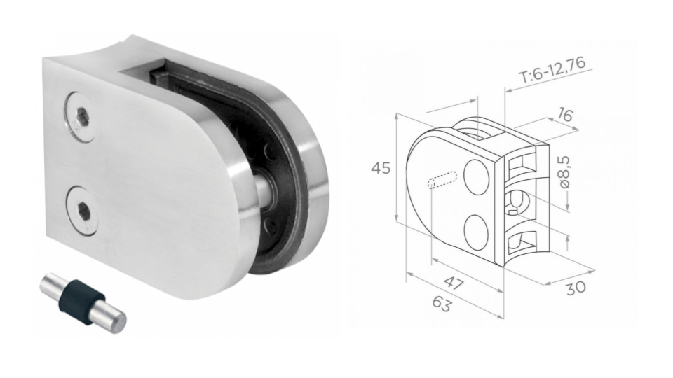 Glass clamp 48,3 b47 L63 H45 W30 a16 AISI 304