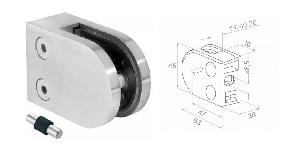 Glass clamp b47 L63 H45 W28 a16 AISI 304