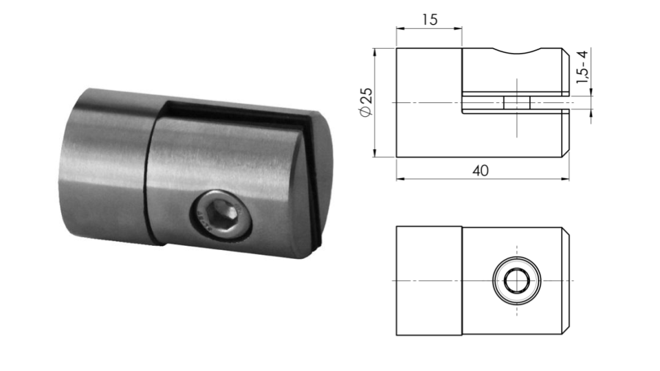 Pinza para vidrio 40x40x2  AISI 304, Satin