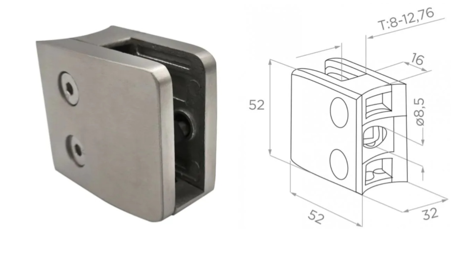 Glass clamp H52 L52 W32 mm AISI 304 Satin