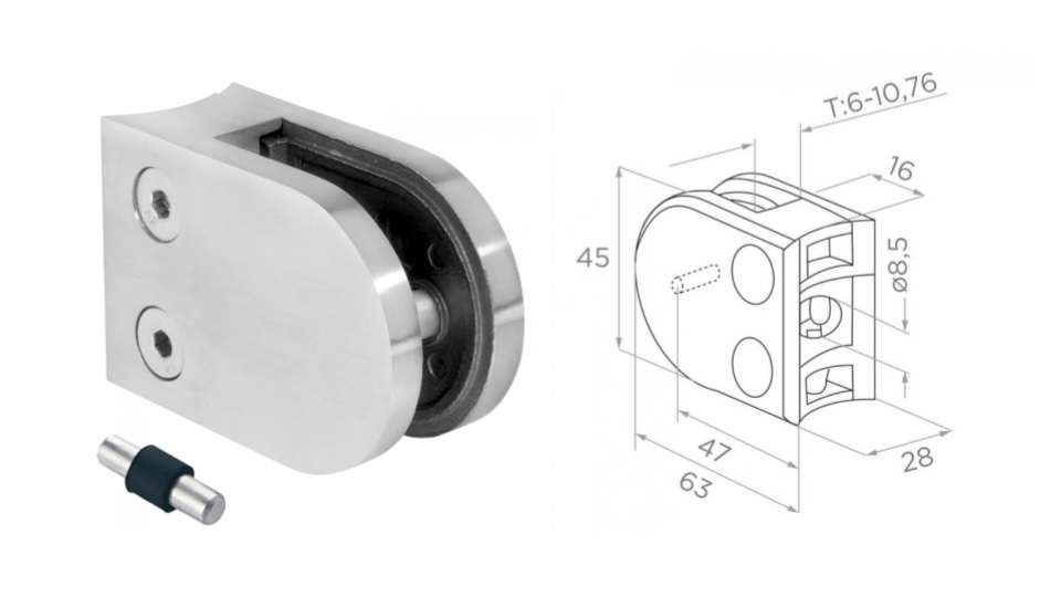 Glass clamp b47 L63 H45 W28 a16 AISI 304