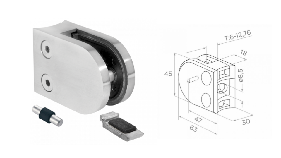 Pinza para vidrio 42,4 b47 L63xH45 W30 a16 AISI 304