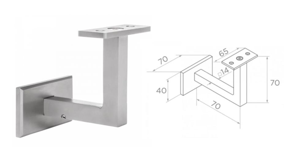 Handrail holder D70x40 mm 14x14mm, AISI 304 Satin