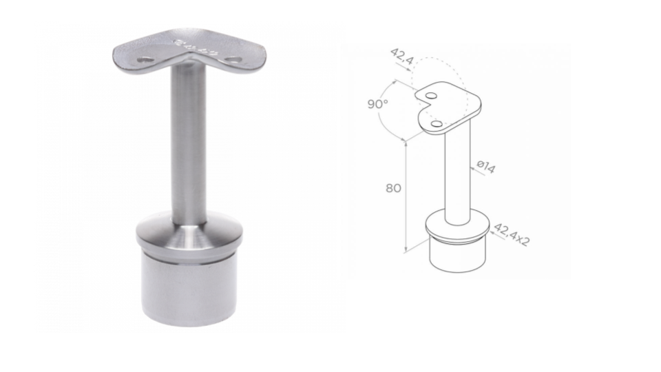 Handrail holder 90 degrees for corner 42,4 D42,4x2 h80 AISI 304