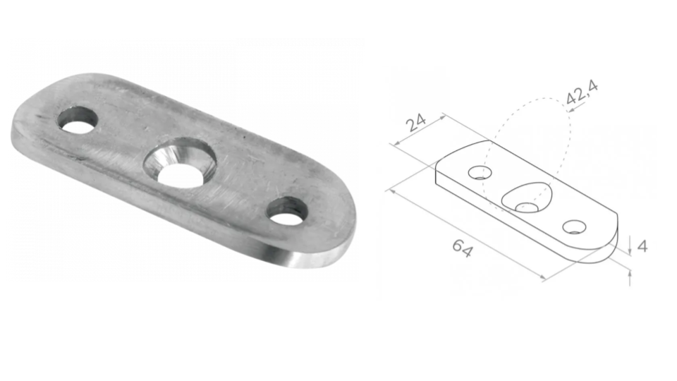 Handrail plate 42,4mm 64x24x4mm, AISI 304, Satin