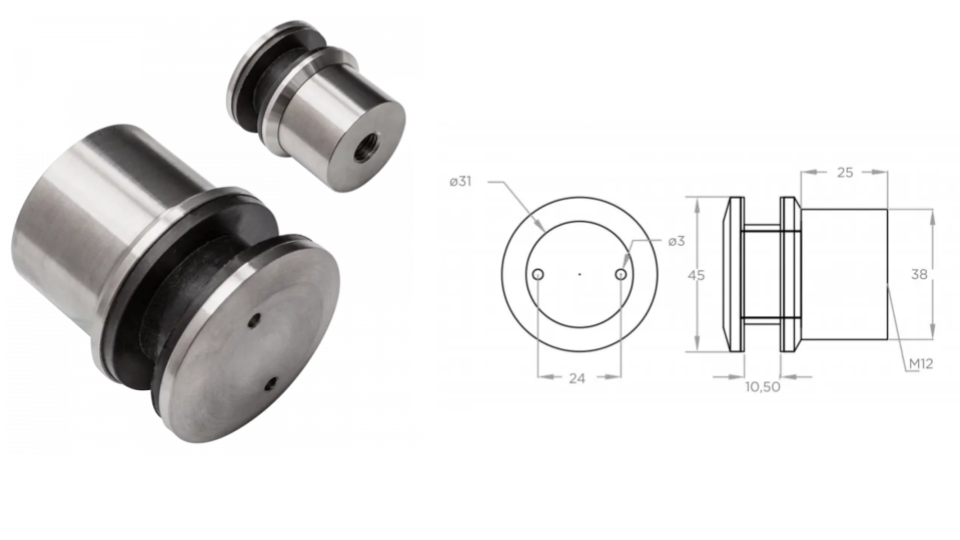 Glass clamp D45 M12, AISI 304, Satin