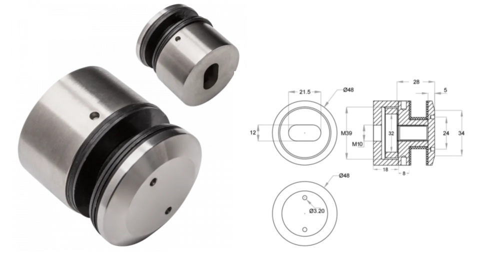 Stikla turētājs D48mm M10, AISI 304 Satin (8-16.76mm)