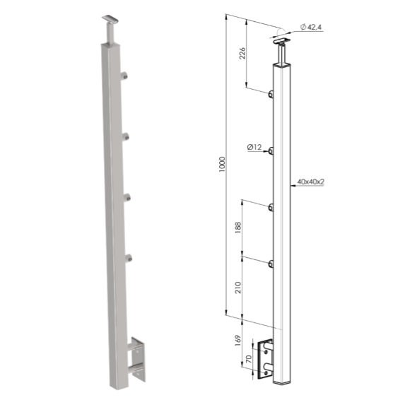 [i31.9012.4ES] Nerūsējošā tērauda statnis 40x40, ar sānu stiprinājumu L1000mm, AISI304