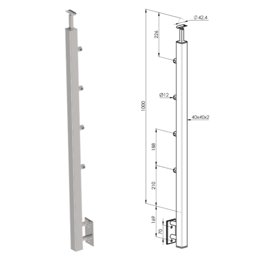 [i31.9012.4ES] INOX post 40x40, with side support L1000mm, AISI 304