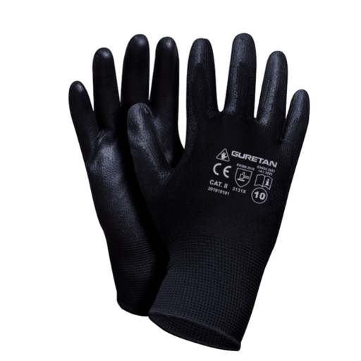 Protective gloves black knitted, coated with black polyurethane