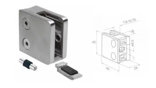 [i01.45k2.4BS.D] Stikla turētājs d42,4mm, 45x45x26mm AISI 304 slīpēts
