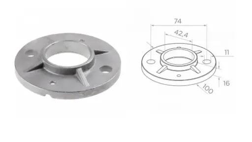 [i21.0101.6BR] Bottom fastening 42,4, D100 d74 a2x11mm h16, AISI 316