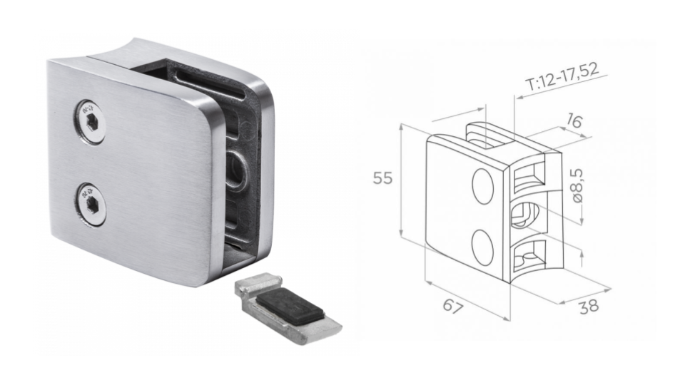 [i01.55K3.4BS] Glass clamp 42,4 L67 H55 W38 a16 AISI 304