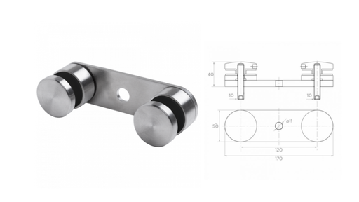 [i01.0250.4US] Double glass clamp L170 120 D50 h40 M10 AISI 304 (8-21.52mm)