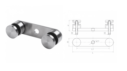 [i01.0230.4US] Pinza para vidrio bilateral L150 L1 120 D30 h40 M8 AISI 304 (8-21.52mm)