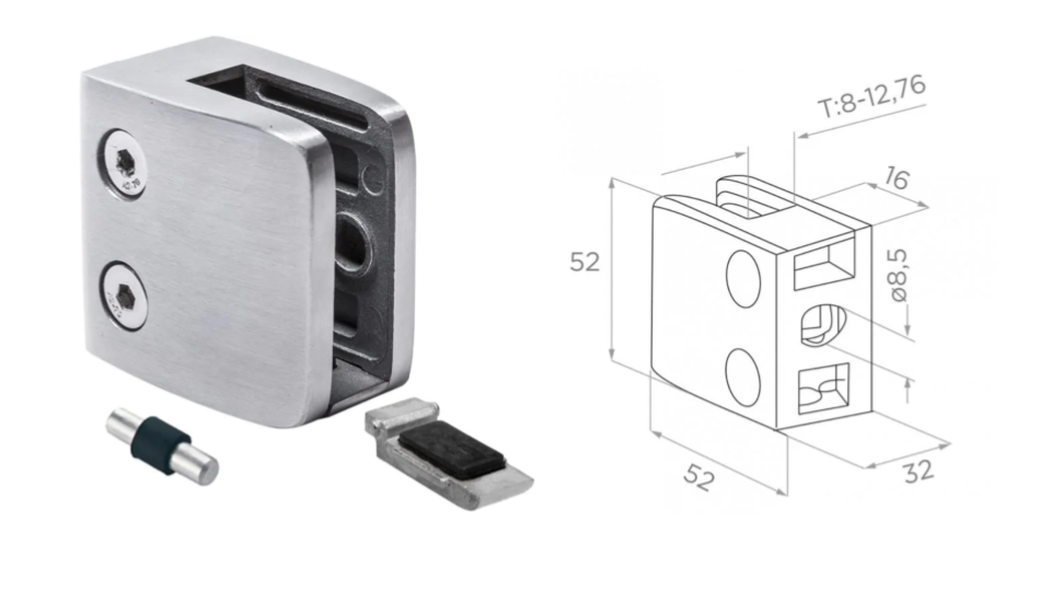 [i01.52K2.4XS] Glass clamp with support L52 H52 W32 a16 AISI 304