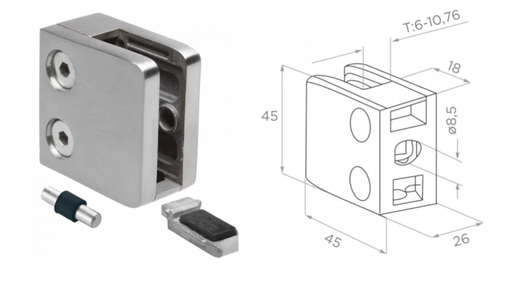 [i01.45K2.4XP.D] Glass clamp with support L45 H45 a18 AISI 304 (Polished)